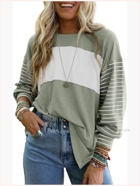 Tops - Oversized Color Block Crew Neck Long Sleeve Blouse Tunic Top